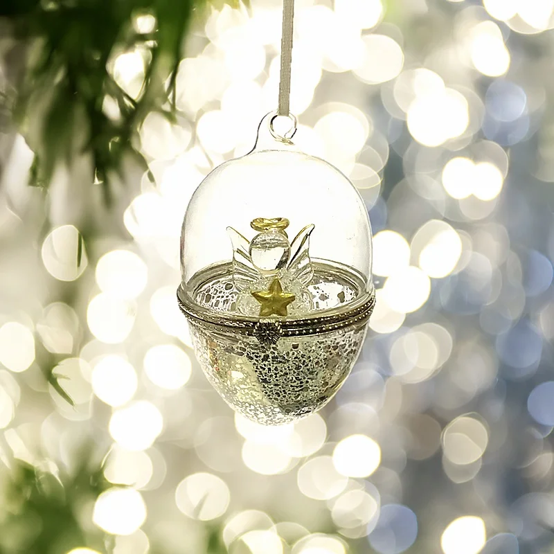 

Christmas Tree Ornament Clear Hollow Glass Egg Pendant with Cute Mini Angel Figurine Holiday Party Hanging Decor Christmas Gift