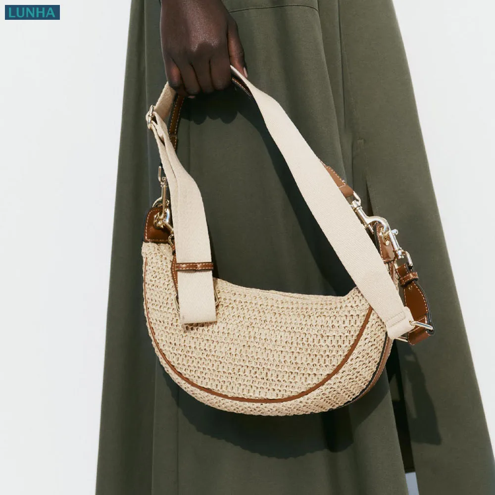 

Women Straw Woven Crescent Shoulder Hobo Bags Leather Trim Croissant Sling Purse Crossbody Bag for Summer Beach Luxury Boho-Chic
