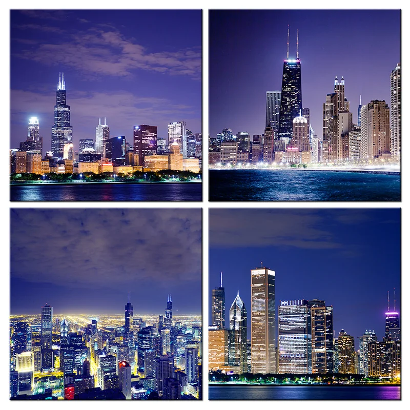 

4 Pieces City Night View Wall Art Poster High-rise Buildings Print Canvas Art Modern Style Picture Living Room Home Decor