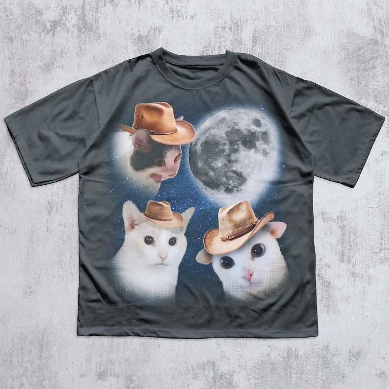 面白いY2K風の面白い猫プリントコットンTシャツ、90年代レトロ子猫ヴィンテージグラフィックTシャツ、猫好きへのギフト、ミームTシャツ、男女兼用トップス