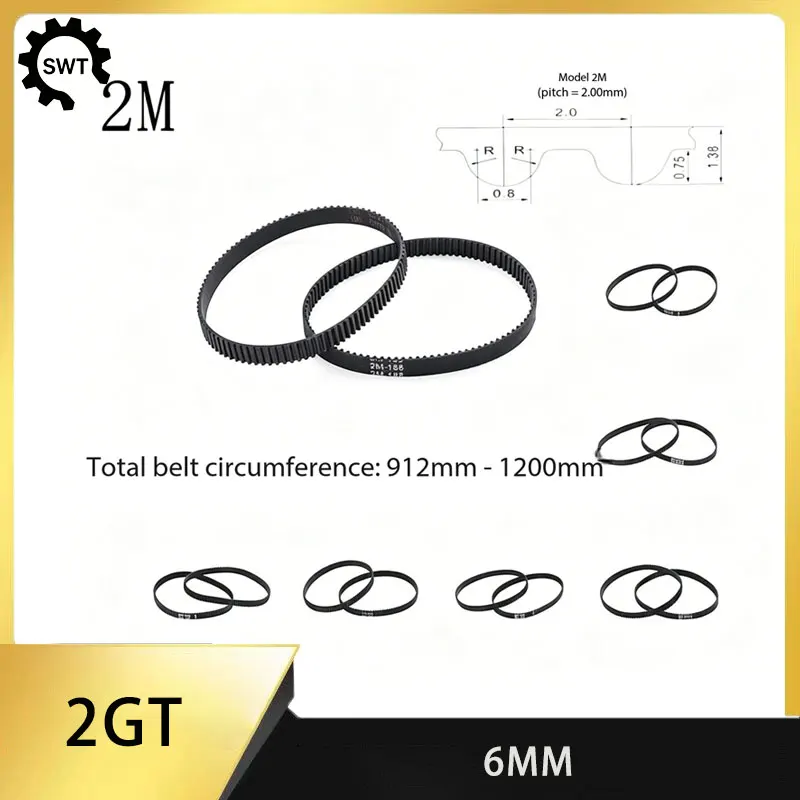 2GT Timing Belt 6mm Width 912-1200mm Circumference Closed Loop Rubber GT2 Belt for 3D Printer Pulley CNC Engraving Machine