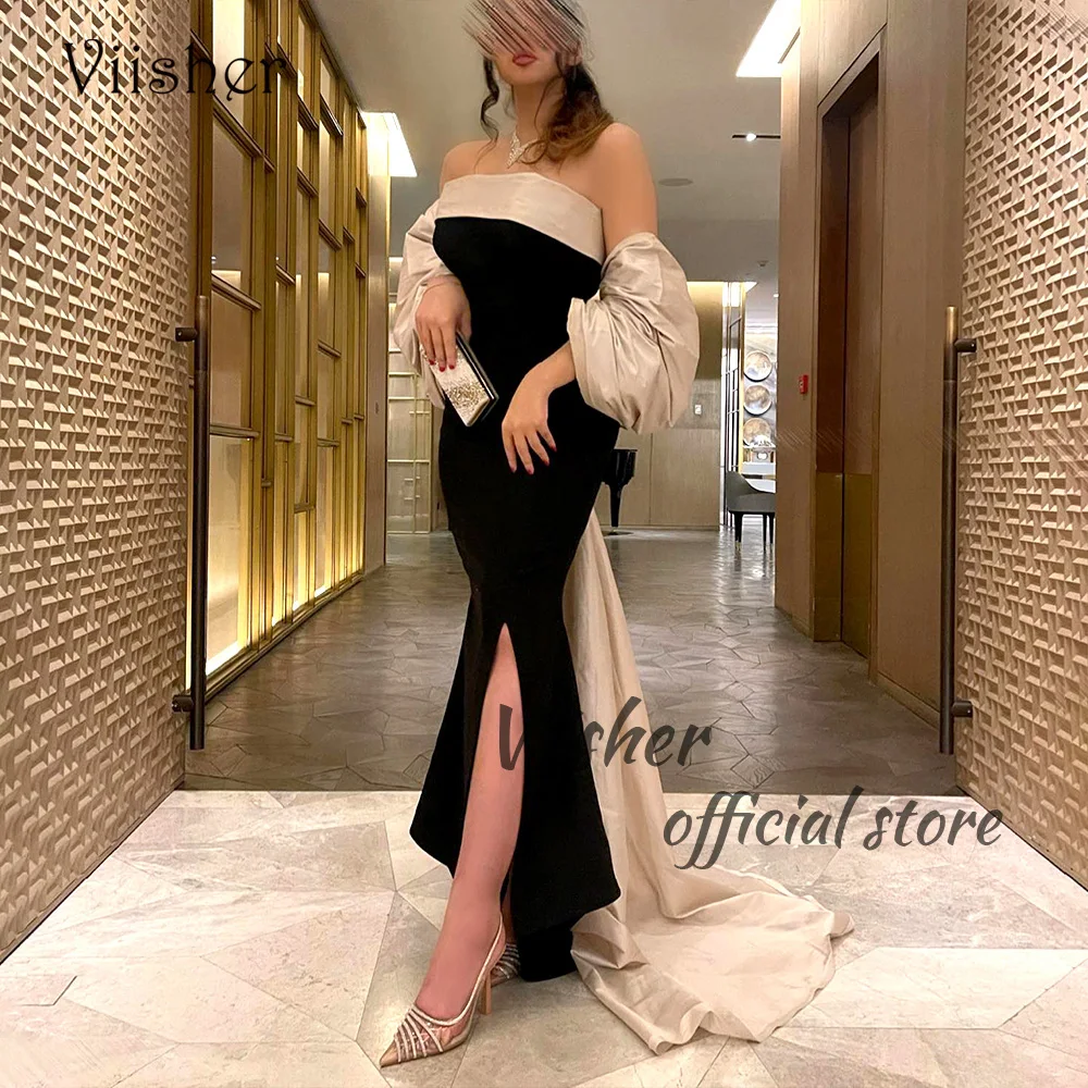 

Viisher Arabic Dubai Mermaid Evening Dresses with Jacket Patchwork Satin Strapless Prom Party Dress with Slit Formal Gowns