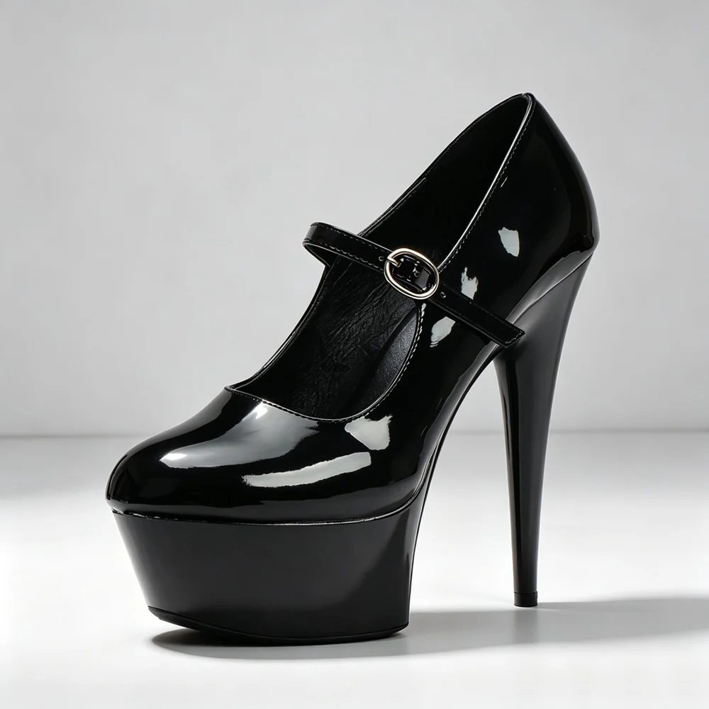 Schwarze Lackleder Pole-Dance-Schuhe für Damen, High Heel Mary Jane mit Knöchelriemen, Plateau-Stilettos für Party, Club und Tänzerinnen. – Detail 5