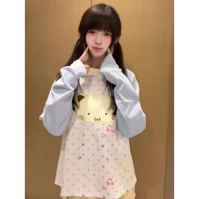 

Japanese Y2k Aesthetic Casual Cute T-shirt Women Cartoon Cat Loose Graphic Print Tshirts Kawaii Tee Harajuku Sweet Patchwork Top