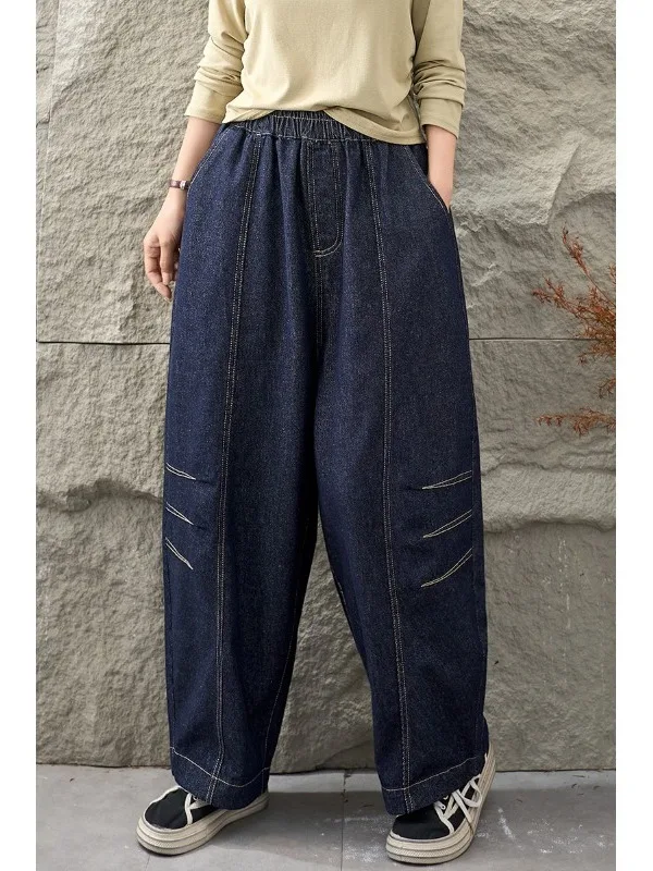 Casual Loose Fashionable Individualized Women's Jeans Autumn Season Cotton 100% Embroidered Washed Natural Waist Jeans
