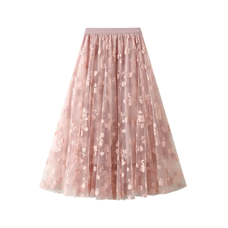 

Summer 2024 Floral Tulle Skirt Women French Style Empire Elastic Waist Flocking Flowers Mesh Lined A Line Midi Skirt 43907