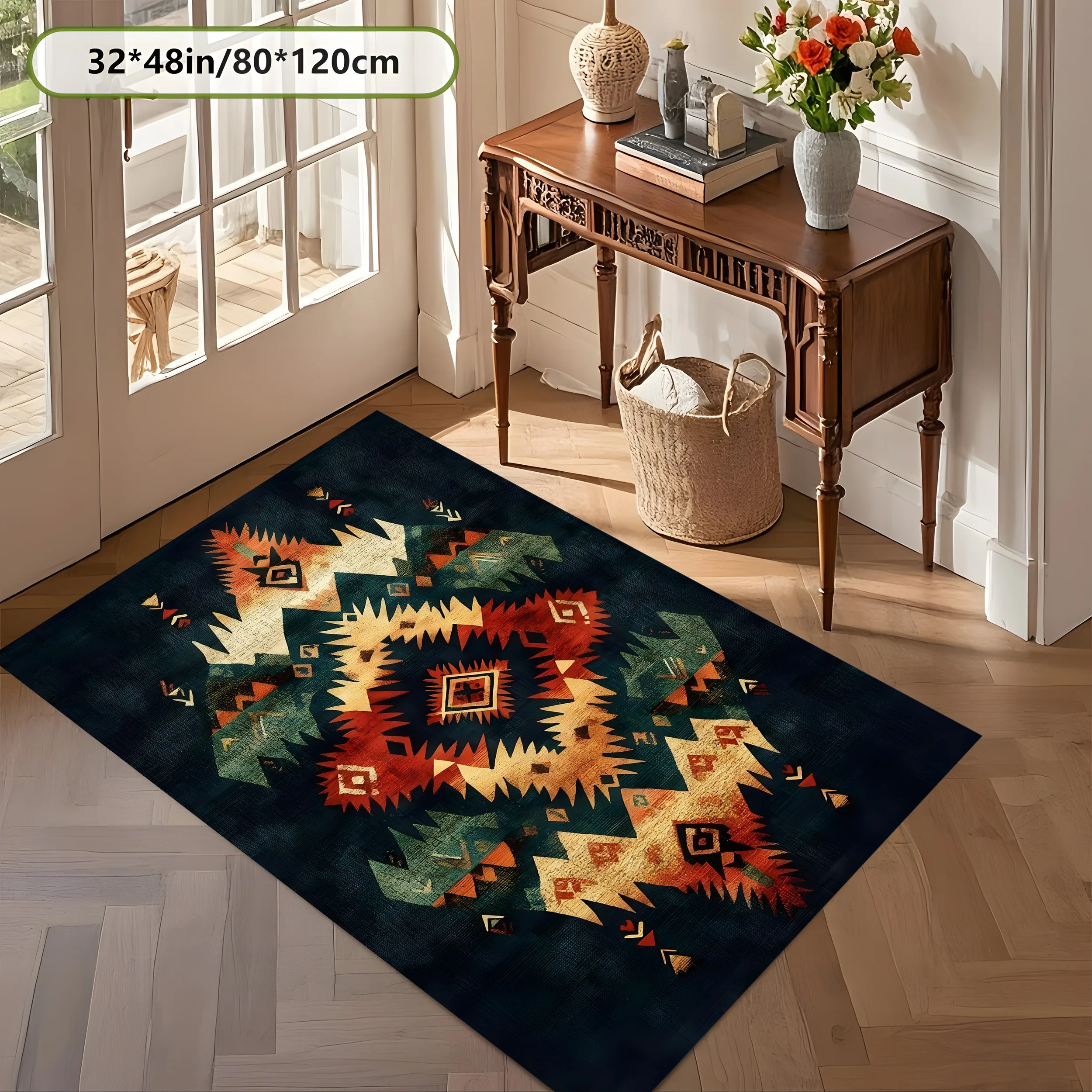 Large Area Rug with Ethnic Geometric Symmetrical Totem Pattern, Retro Exotic Style, for Living Room Bedroom Homestay