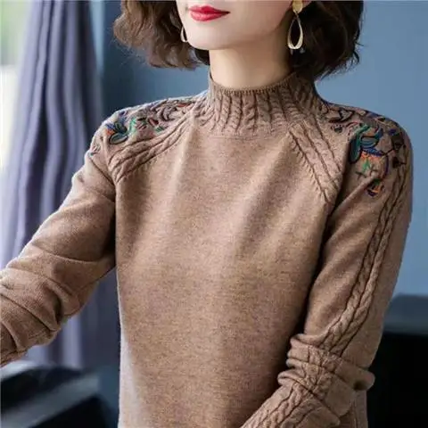 Embroidered Flowers Mock Neck Women Sweaters Fall Winter Thick Warm Pullover Slim Tops Ribbed Knitted Sweater Soft Pull D123