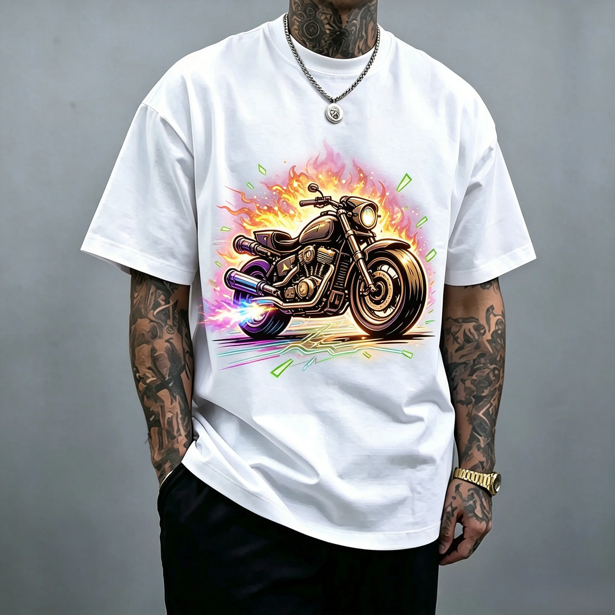Bronze Vintage Cruiser Motorcycle Bright Flame Spark Graphic T Shirt Unisex Men Women Oversized Front Print Retro Motorbike Biker Hip Hop Streetwear Tops