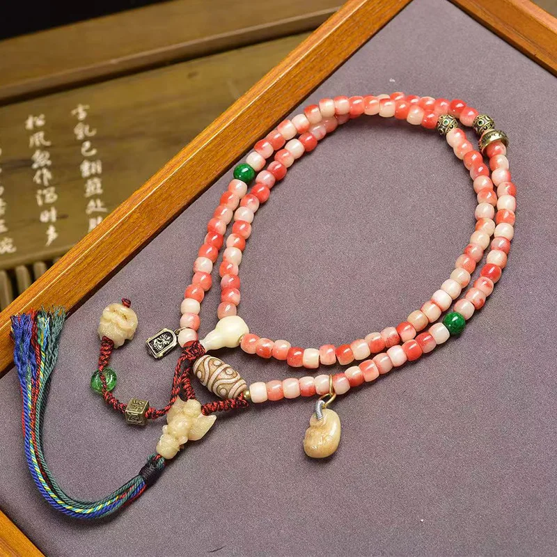 

Natural Half-Blood 108 Buddha Necklace Backflow Bone Agate Dzi Beads Accessories