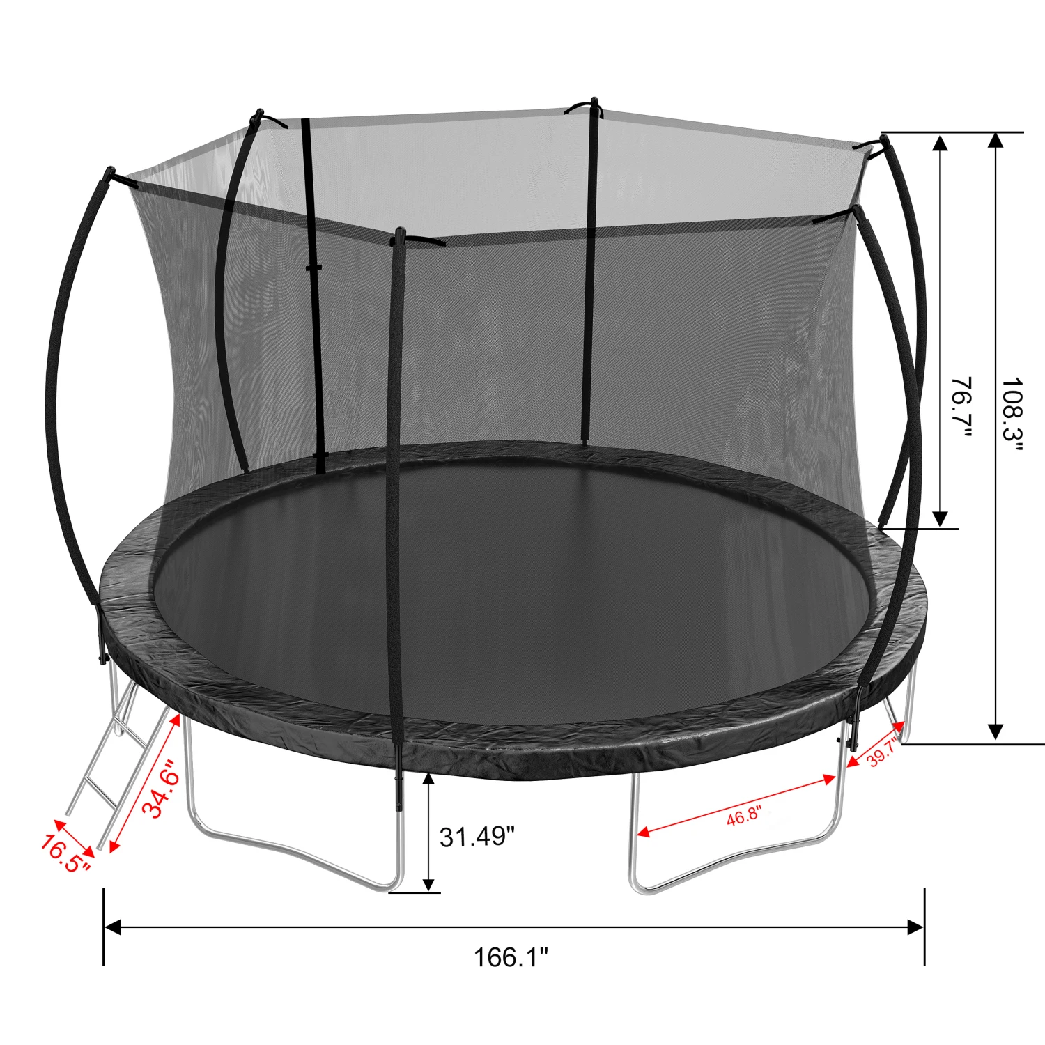 

14FT Trampoline with Enclosure Net and Ladder, Double-Sided Color Pad, Curved Fence Pole - Ideal for Kids and Adults