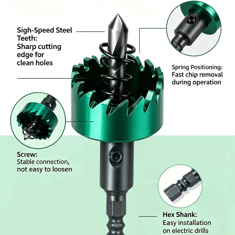 Green High-Speed Steel Hex Shank Hole Saw 12-40 Mm Diameter for Woodworking And Metalworking