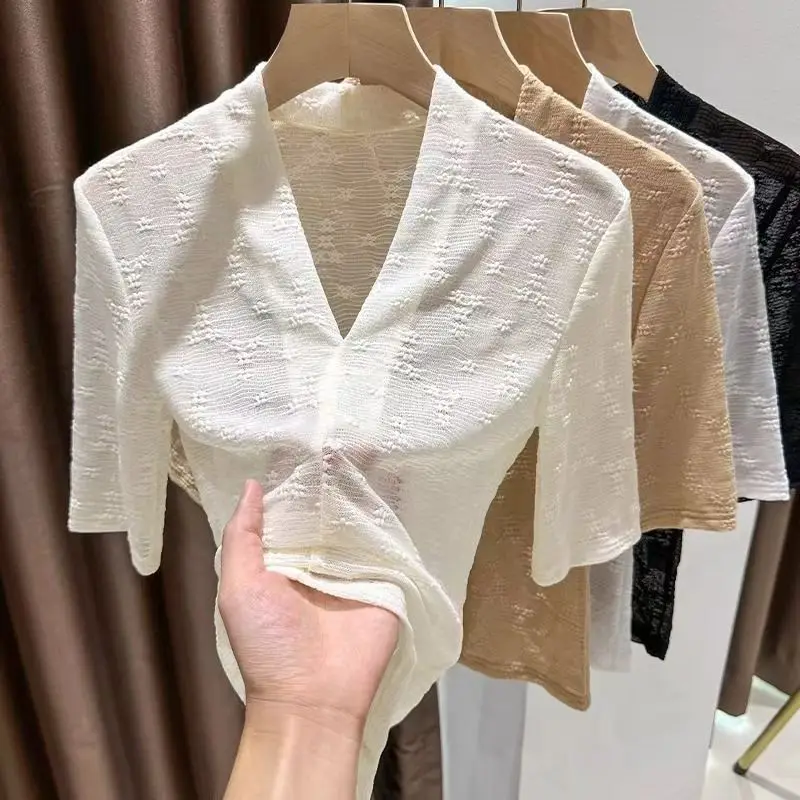 

Цветочные жаккардовые полые кружевные блузки, женские рубашки с v-образным вырезом, модные женские рабочие базовые блузки, черные, белые, весна, лето, осень