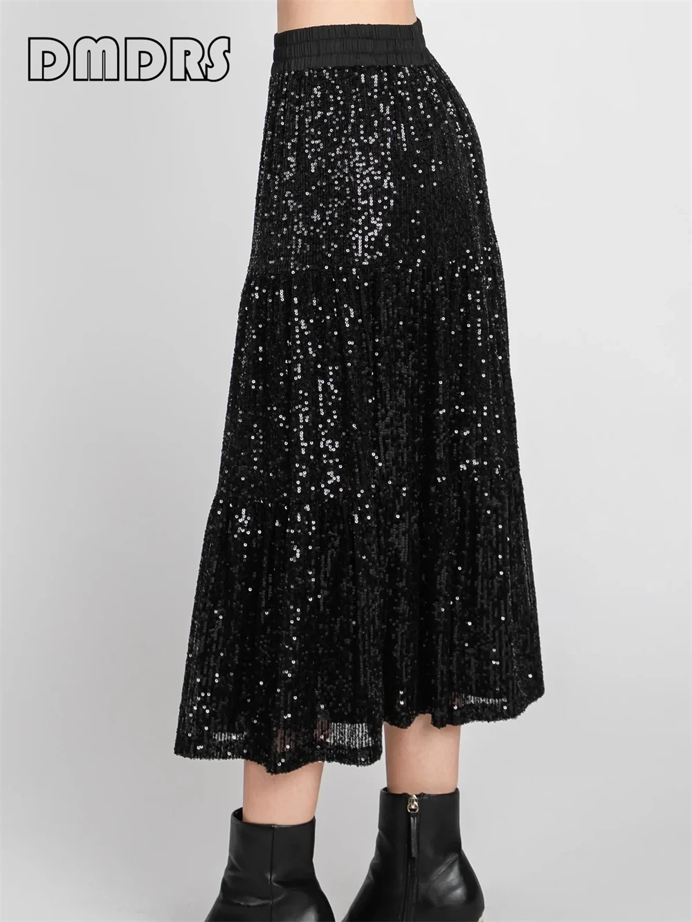 Sequin Tiered Midi Skirt For Women Black Lined Stretch Waistband Dress