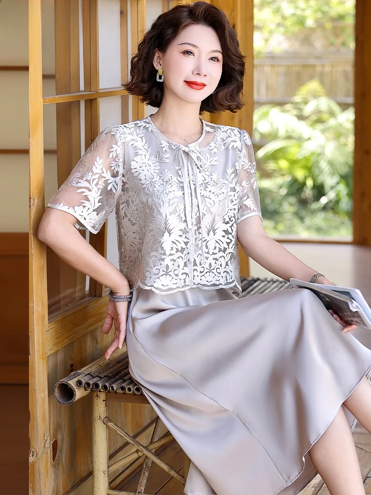 

Летний модный комплект одежды для мам: шифоновое платье с коротким рукавом для женщин среднего возраста и молодых женщин в стиле французского шика