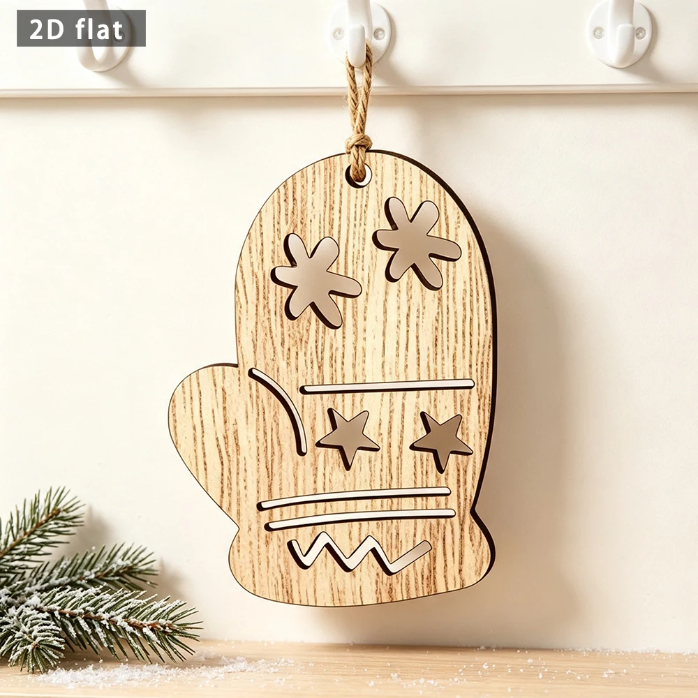 Wooden Christmas Glove Hanging Ornament, 2D Flat Hollow Cutout Snowflake Star Design, Xmas Tree Hanging Tag, Rustic Window Decor