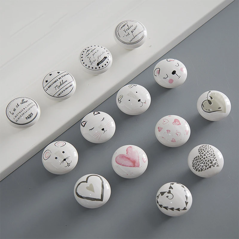 Children\'s Room Drawer Handle Ceramic Pull Animal Heart Print Cabinet Door Wardrobe Bookcase Knob for Furniture