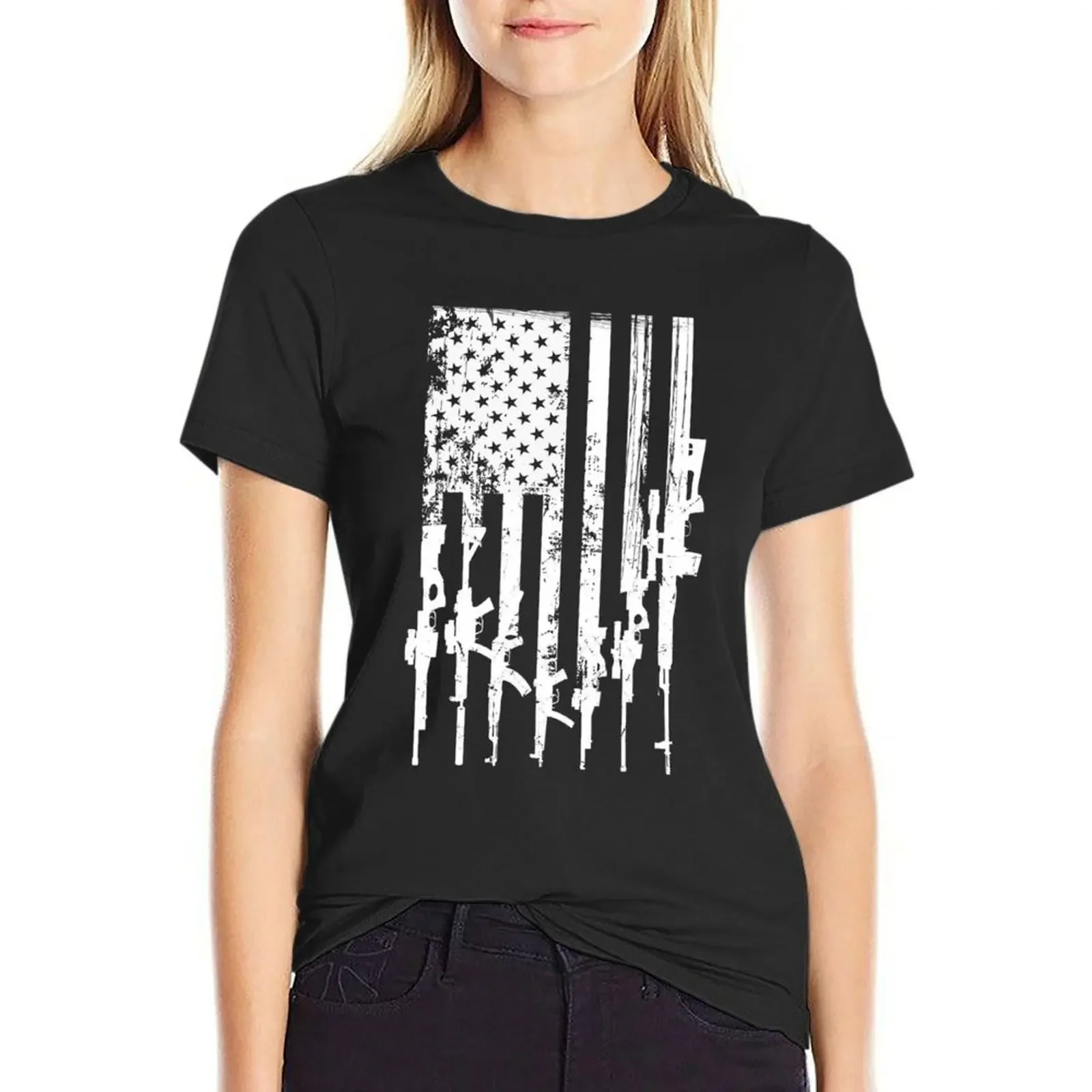 

Patriotic American Rifle Flag Pro Gun Gifts T-Shirt aesthetic clothes funny Women's clothing