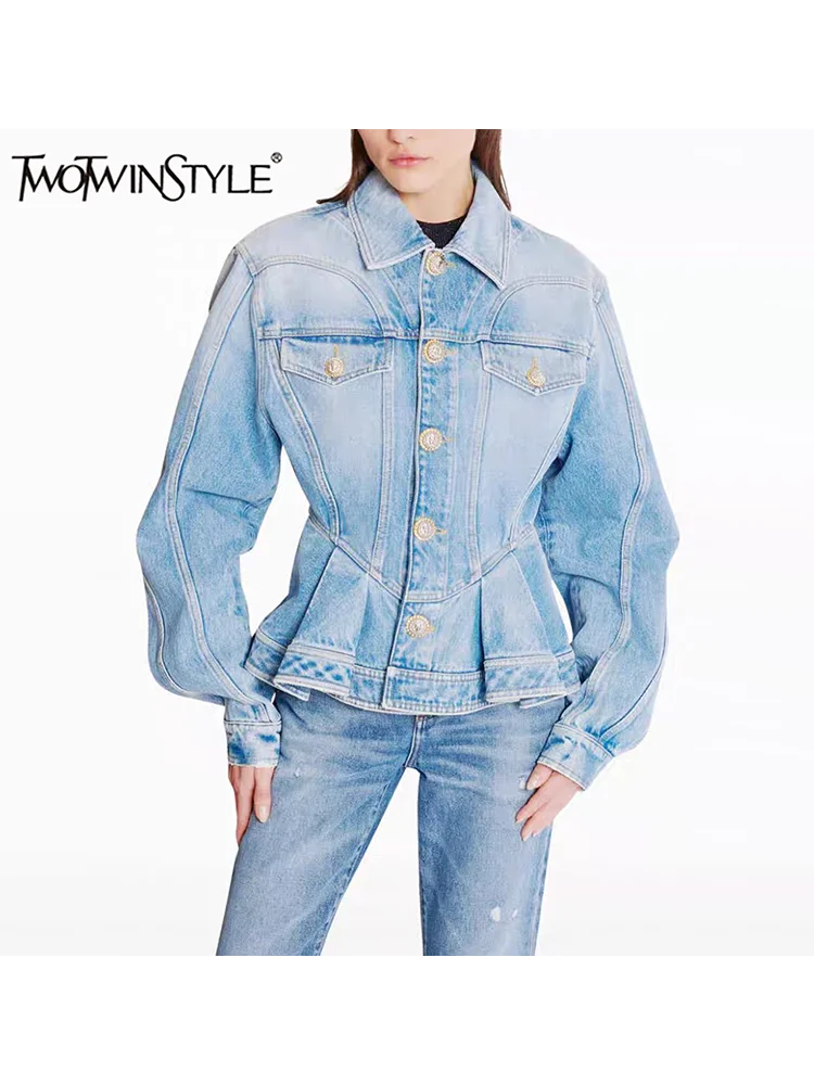 TWOTWINSTYLE Solid Patchwork Ruffles Slimming Denim Coats For Women Lapel Long Sleeve Spliced Button Jackets Female Fashion New