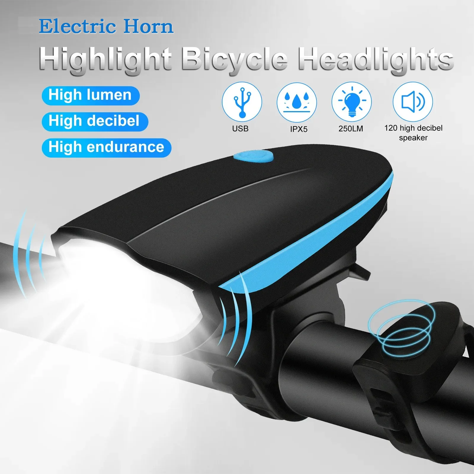 Bicycle Front Light with Electric Loud Horn Ultra Bright eBike Headlight flashlight LED Waterproof tweeter Safety warning Bell