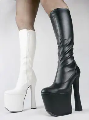 Punk Hot Women Chocolate Black White Color Round Toe Platform Super 20 CM Square Heels Zipper Side Slim Knee High Long Boots