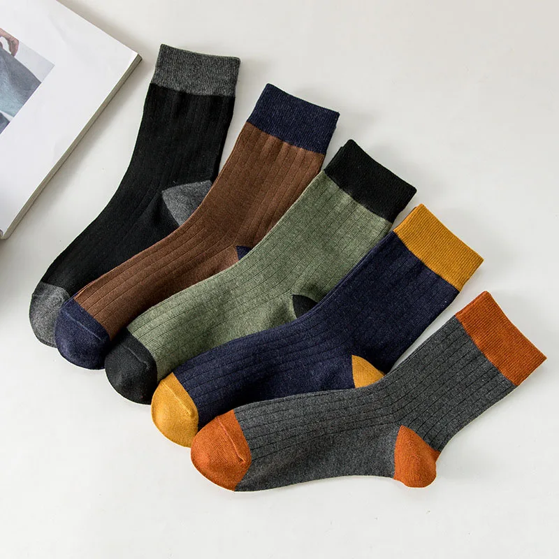 2023 Autumn Winter New Men's Mid length Socks Vertical Colored Leisure and Comfortable Business Socks Cotton Socks 5 Pairs