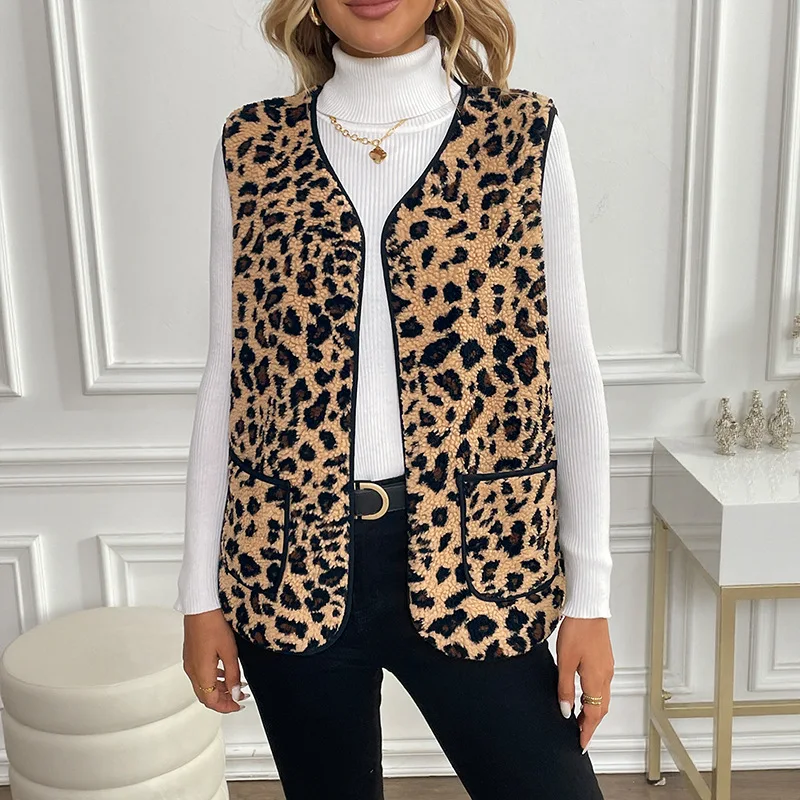 Fall/Winter 2025 New Women's Fashion V-neck Sleeveless Vest Elegant Joker Temperament Vest Leopard Cardigan Coat Jacket Lady