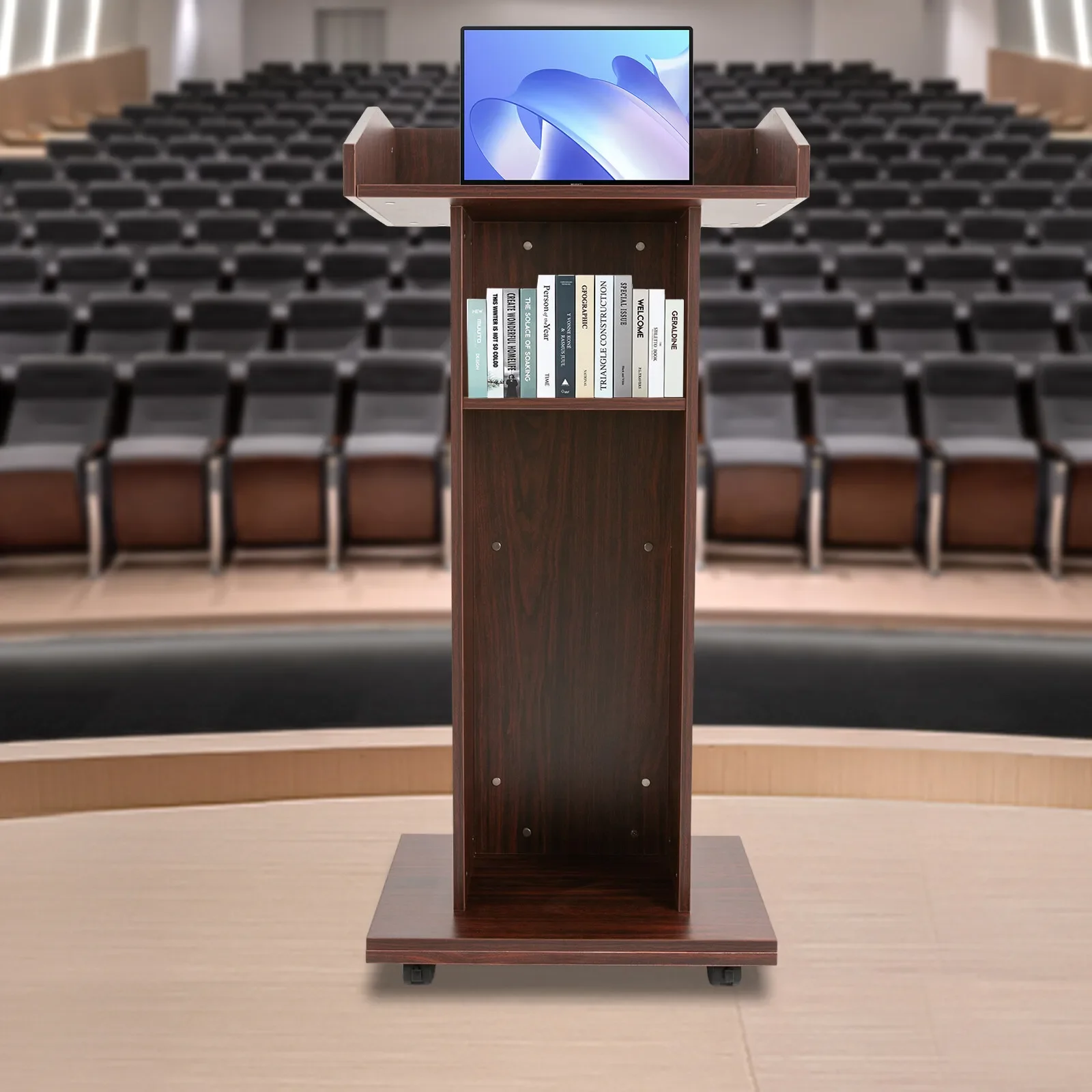 

43.3"x22"x15.3" Adjustable Classroom & Conference Lectern - Portable Steel Podium with Casters, Solid Wood Top