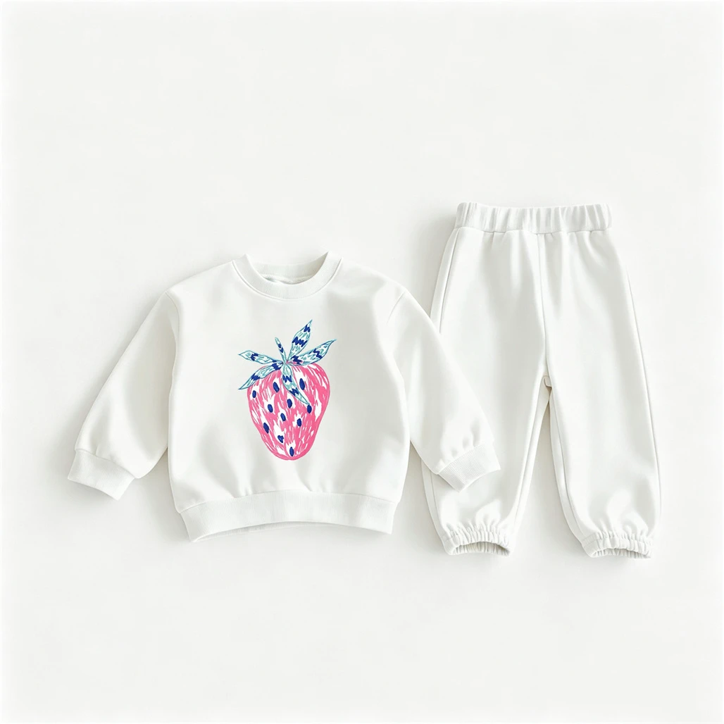 Sweatshirts mit Fruchtprint + Hosen, zweiteiliges Set, Kirsch-Erdbeer-Tops, weiße, gelbe Jogginghose, Herbstkostüm, Kinder-Outfits – Detail 4