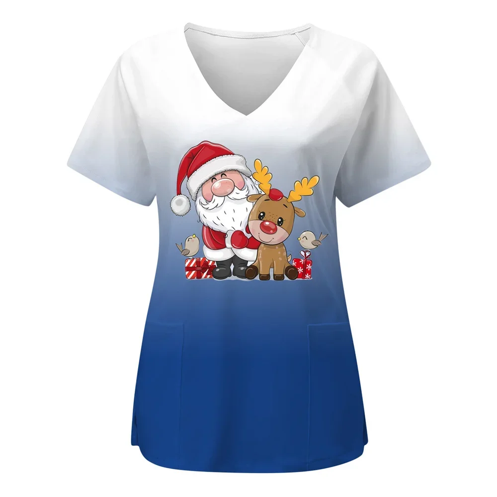 Christmas Santa Print Scrubs Top Short Medical Uniforms Women Pocket Nursing Scrubs Blouse Pet Care Work Shirt camisa enfermagem