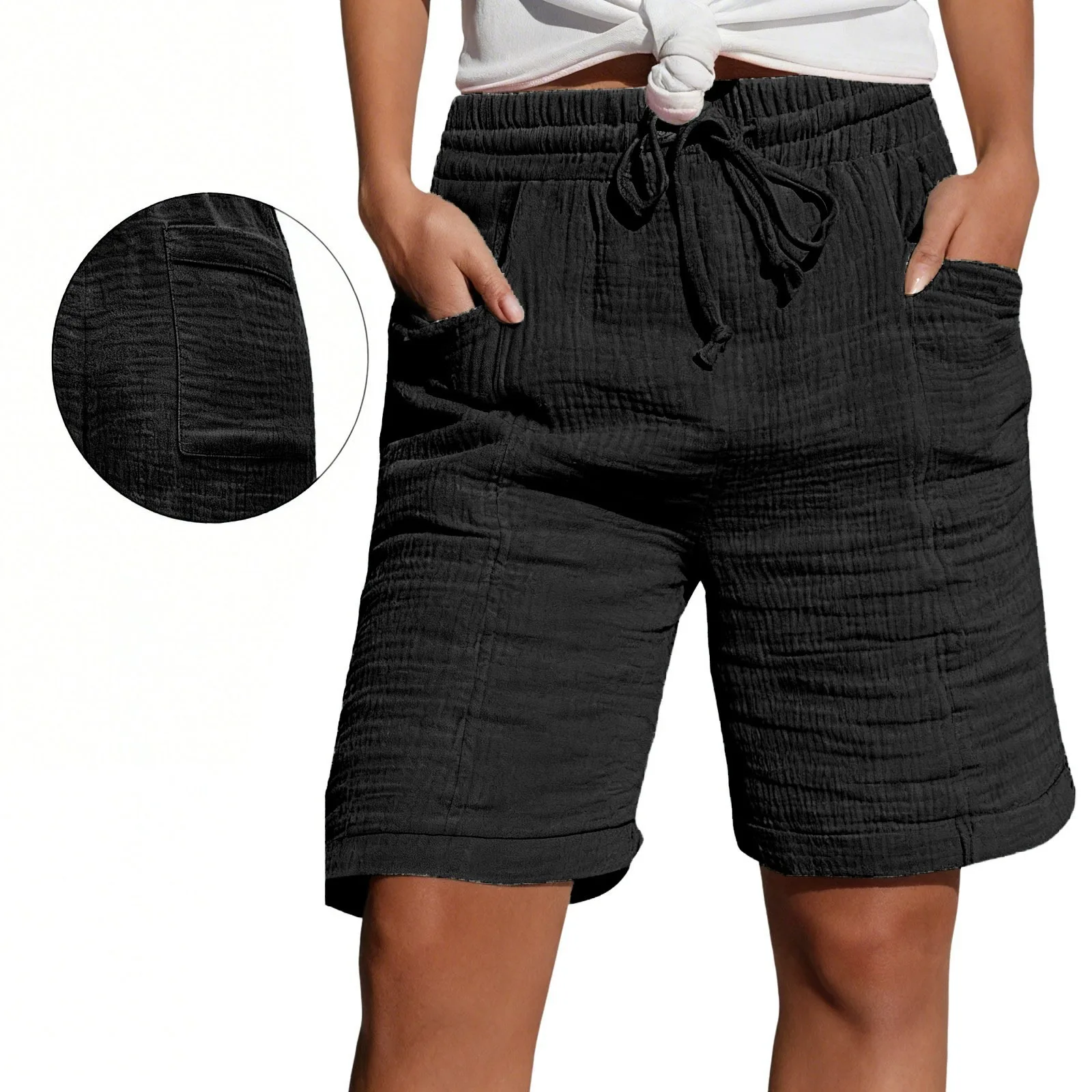 

High Waist Double Layer Pleated Cotton Knot Waist Pocket Shorts Street Style Five Minutes Pants Women's Casual Trousers