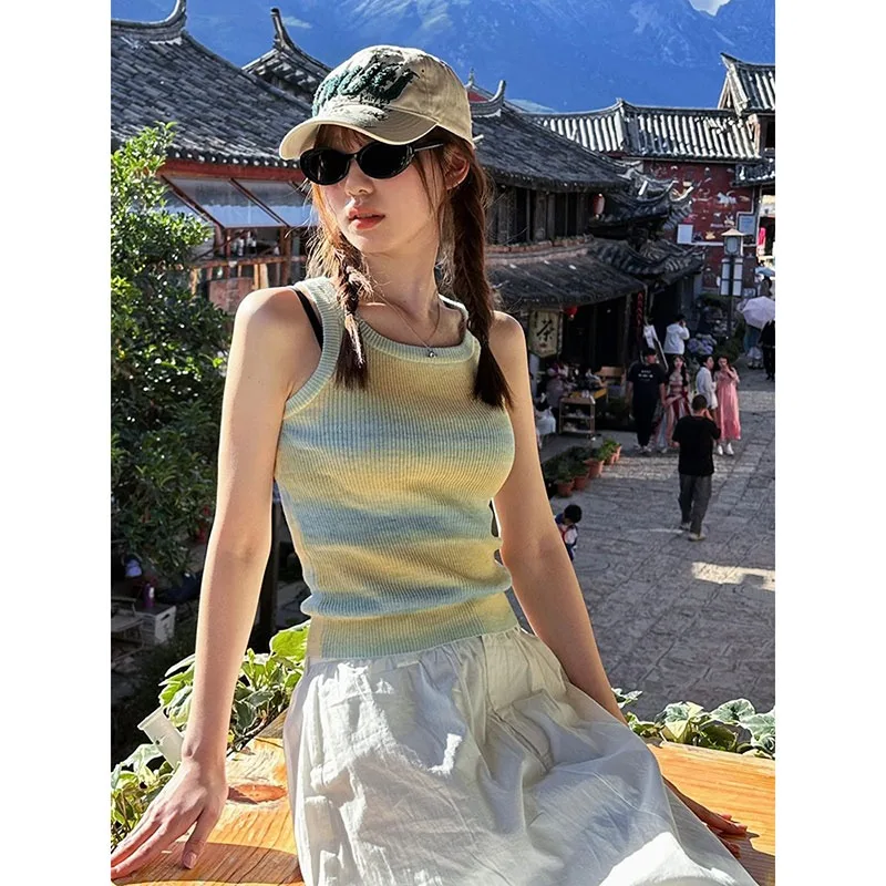 Ice Silk Knitted Color Blo Stripe Women's Tank Top ort Svel Summer Outerwear Faionable Commute Sle Slim Fit