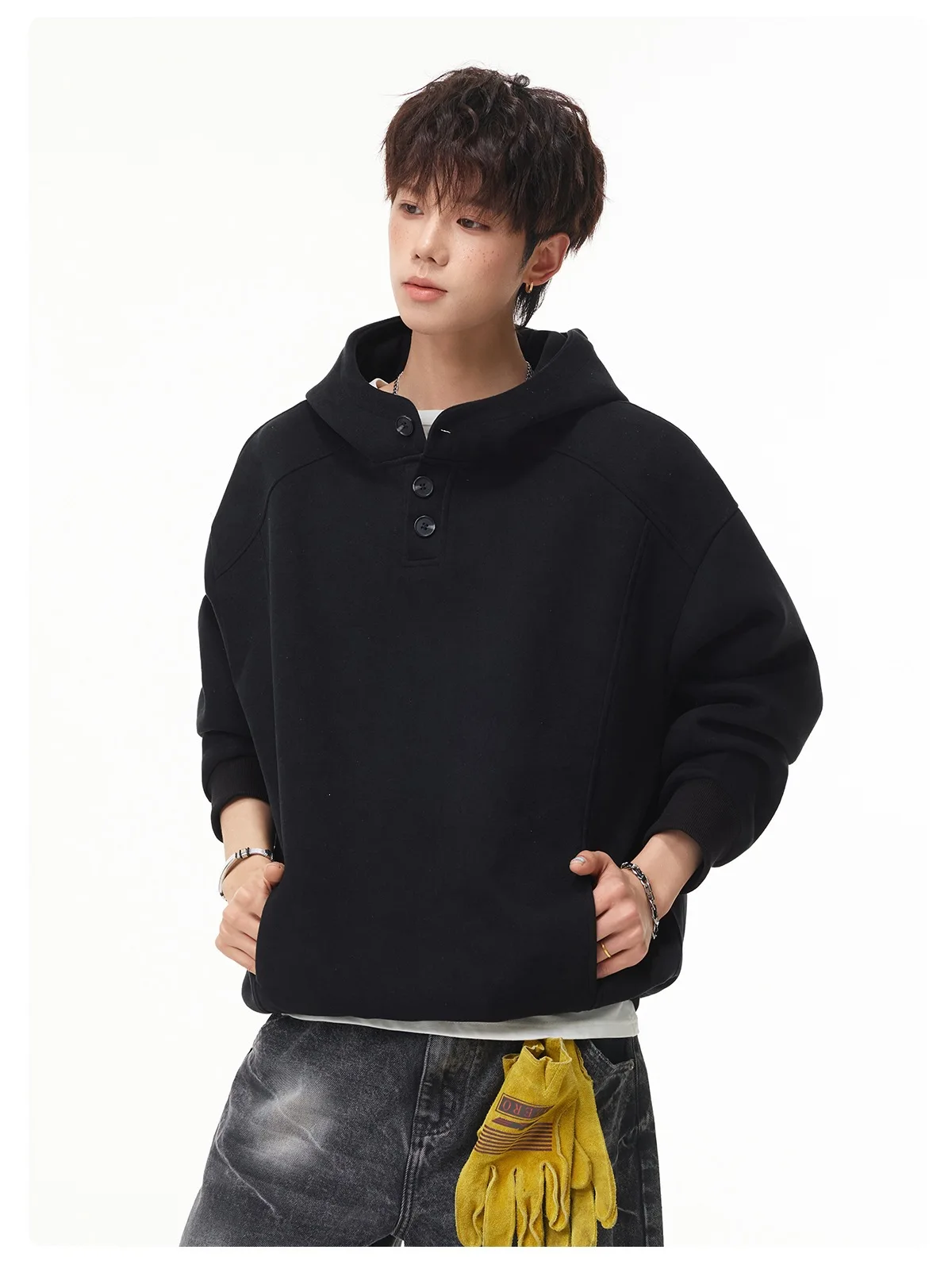 Autumn Winter New Button Half High Neck Hoodie for Men Korean Fashion Harajuku Simple Solid Men's Casual Loose Hooded Sweatshirt