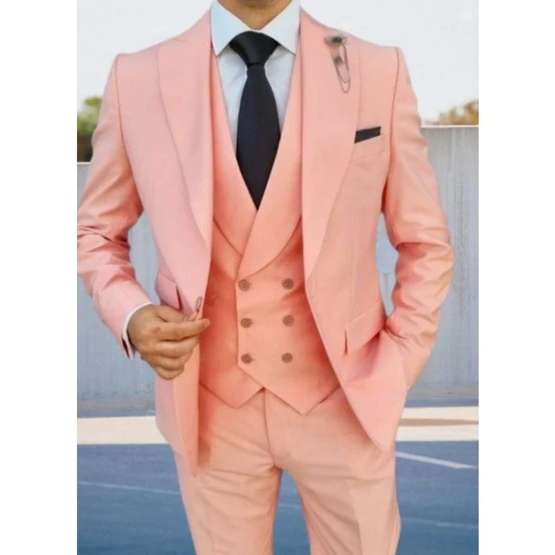 Fashion Peach Men Suits Three Piece Set Wedding Party Tuxedos Blazer Vest Pant  Men's Clothing Suit