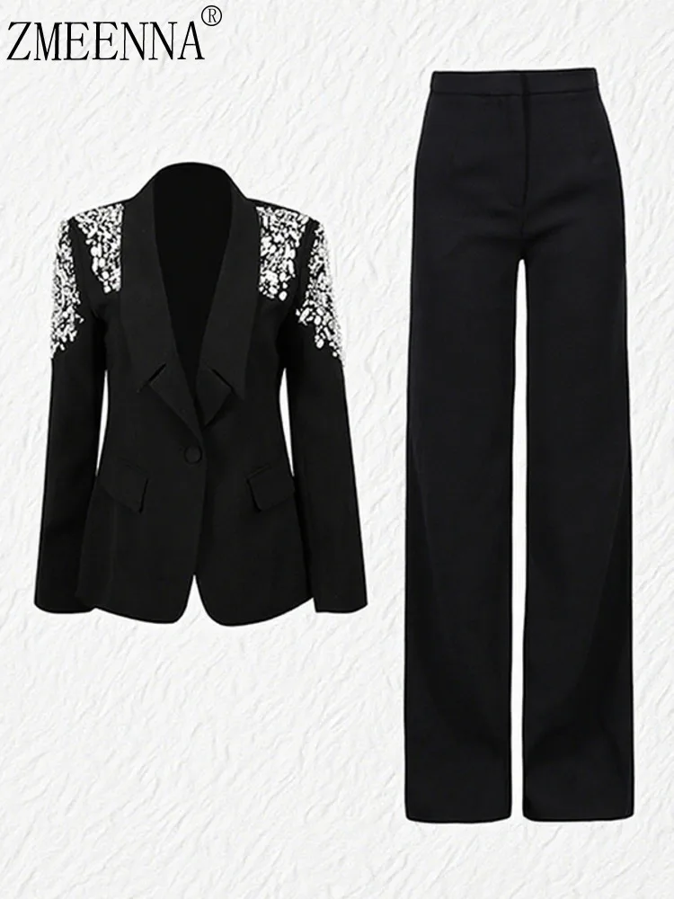 

ZMEENNA женский черный костюм, пиджак и брюки, комплект с украшенными плечами и лацканами, куртка на одной пуговице, широкие брюки ZM4180