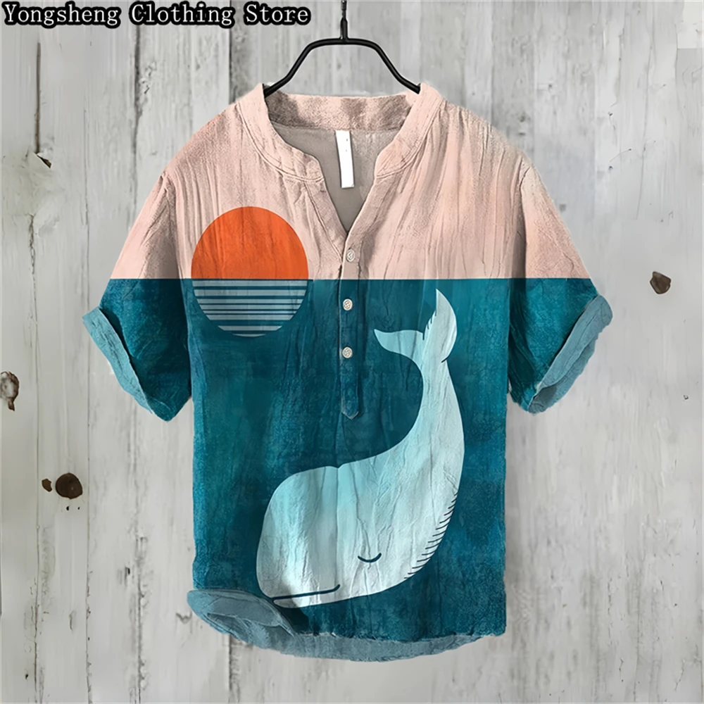 Summer Men's Short Sleeve POLO Shirt Linen Printed Shirt Original Clothing 2024 Popular Whale Print Casual Large Size Clothing