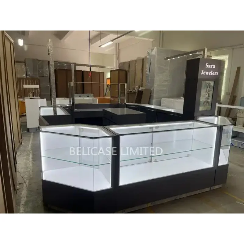 custom,Luxury Jewellery Store Glass Counter Shiny Jewelry Display Showcase Cabinet with Light Jewelry Kiosks for Mall