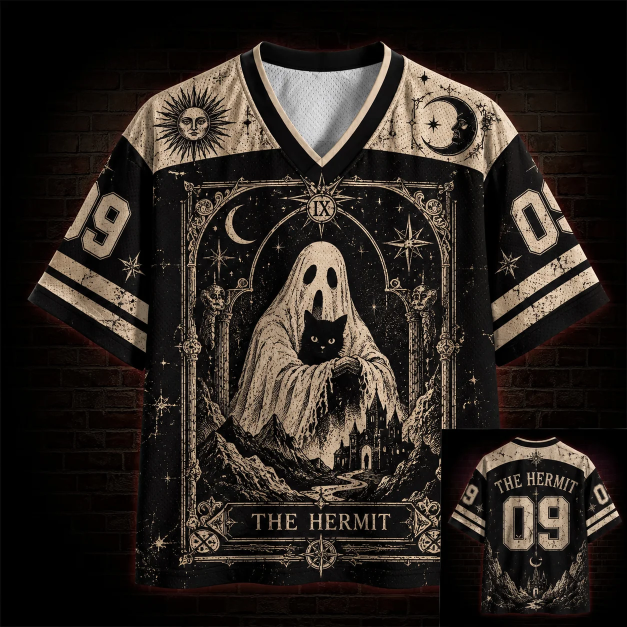 V Neck Hockey Jersey The Hermit Tarot Ghost Black Cat Sun Moon Star Gothic Vintage Print Short Sleeve Unisex Halloween Party Top