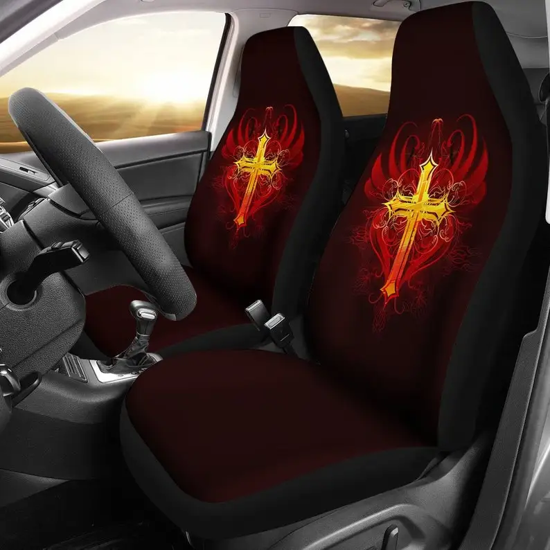 

Red Wings Heart Cross Black Car Seat Covers Pair, 2 Front Car Seat Covers, Seat Cover for Car, Car Seat Protector, Car Accessory