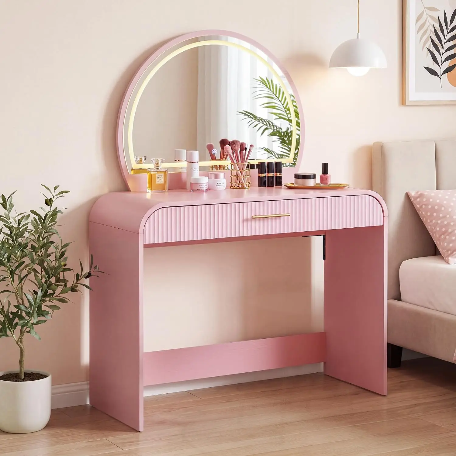 Pink Makeup Vanity Desk with Led Lights Mirror for Girls, Customized