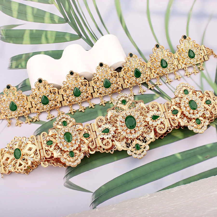 Traditionele Marokkaanse Jurk Riem Gold Plating Groen Rood Rhinestone Taille Kettingen Voor Vrouwen Caftan Bruids Sieraden Riemen