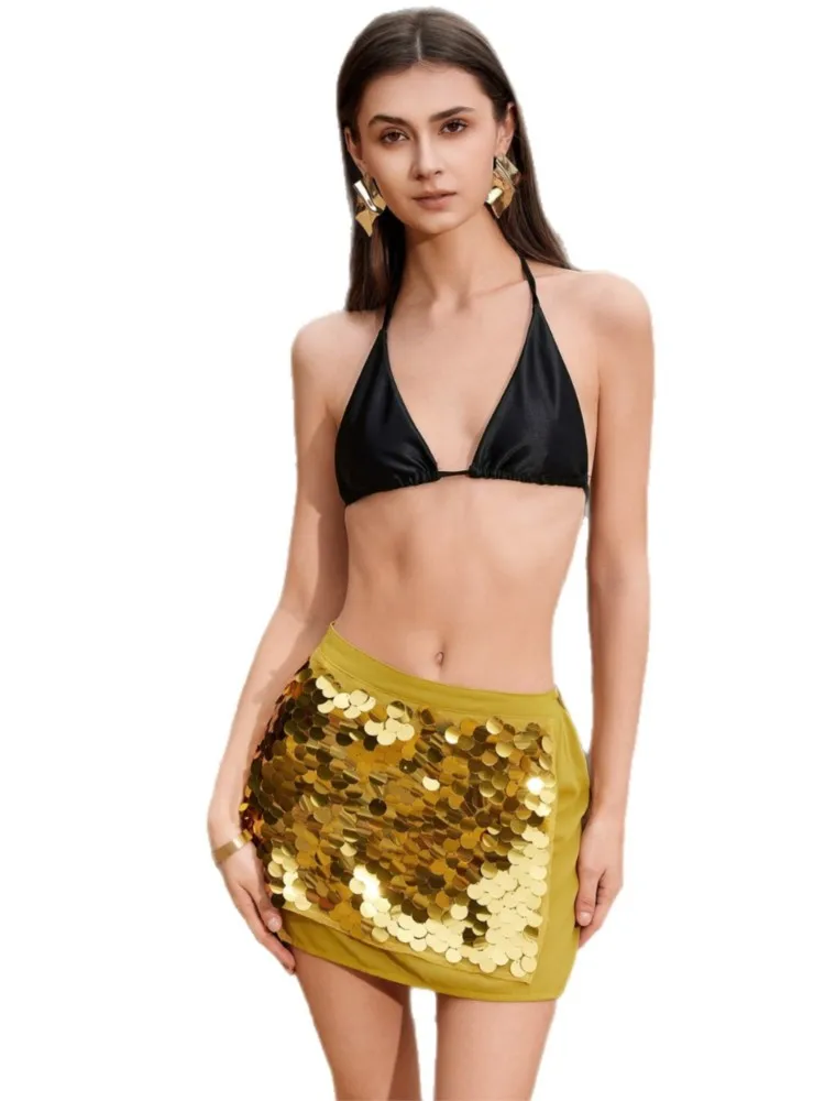Fashion Solid Beach Sequin Women's Casual Low Waist Mini Skirt 2026 Summer New Beachwear Spice Girl Bikini Cover Up Skirts