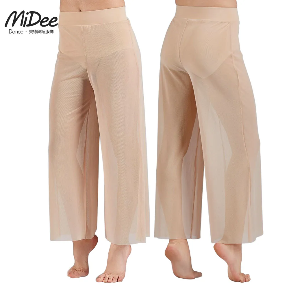 MiDee Mesh Breite Bein Hosen Frauen Moderne Ballett Tanz High Taille Palazzo Hosen Mädchen Kid Klassischen Tanz Tragen Erwachsene Plus größe