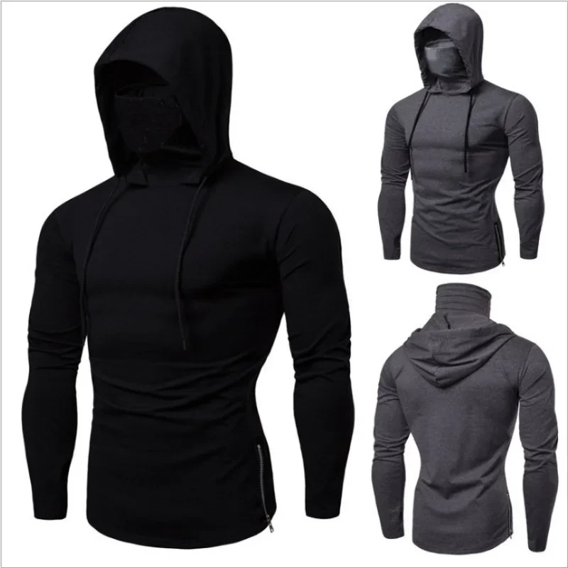 2026 novos homens ginásio fino manga longa hoodies com máscara moletom casual splice grande máscara com capuz bicicleta e motocicleta camiseta