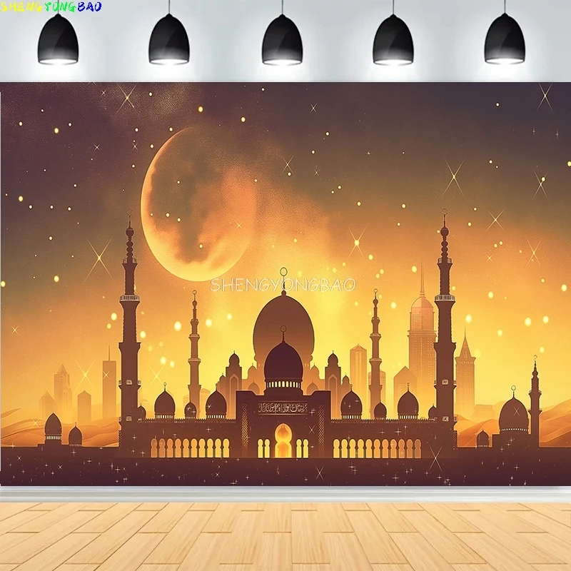 عيد الفطر التوضيح مع مسجد فانوس خلفيات للتصوير الفوتوغرافي الإسلامية الأضحى العربية قصر استوديو الصور خلفية MO-01