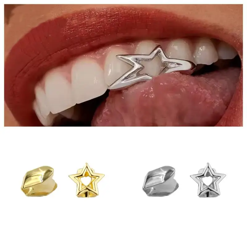 2-teiliges Set Glänzende Hohle Unregelmäßige Stern-Doppelzahn-Kappen für Frauen und Männer Y2K Punk Pentagramm Zahn-Grillz Mundschmuck – Detail 2