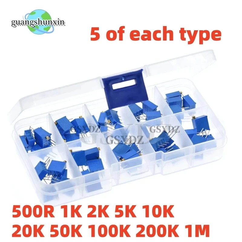 50pcs/lot 3296W Multiturn Trimmer Potentiometer Kit High Precision 3296 Variable Resistor With Free Box electronic diy kit