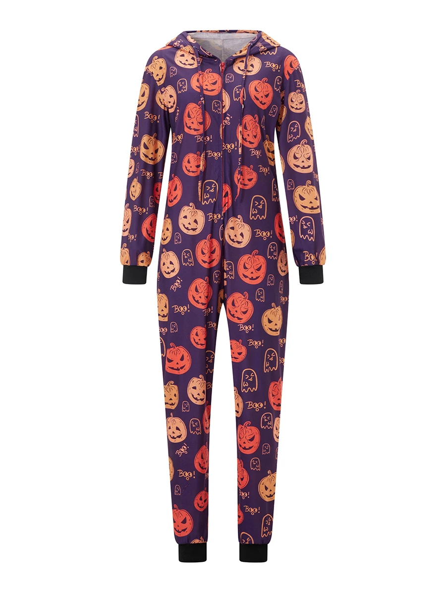 Women Men Couples Christmas Pajamas Jumpsuit Pumpkin Deer Santa Print Long Rompers Sleepwear Hooded Halloween Nightwear