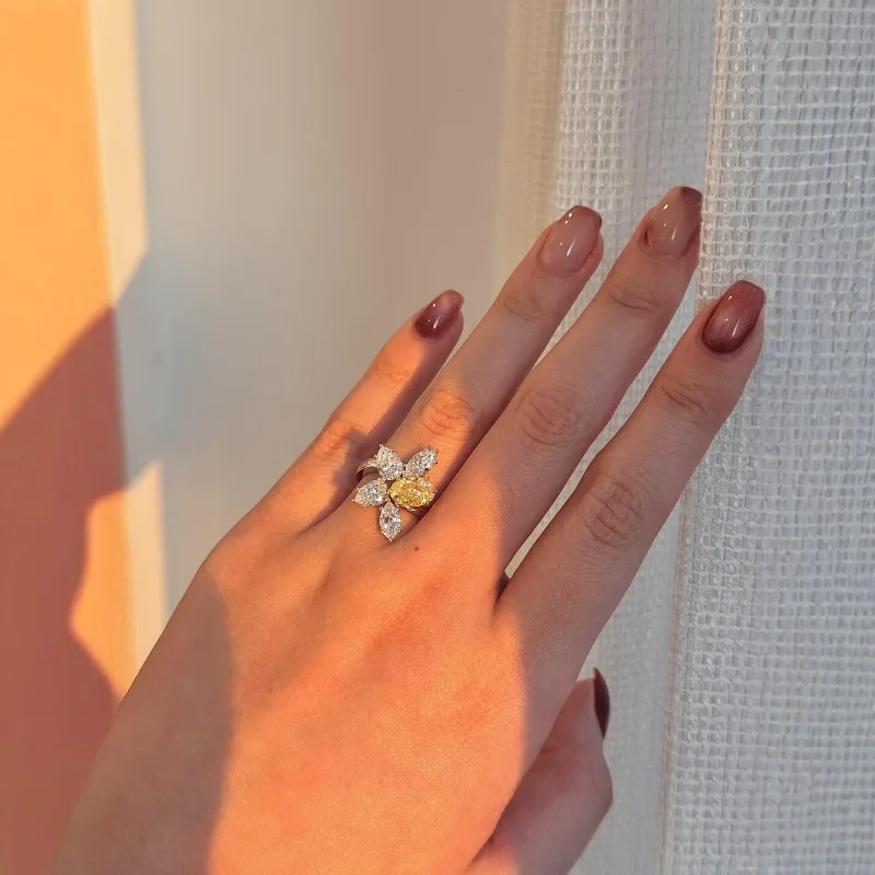 خاتم نسائي أنيق وبسيط على شكل قطرة ماء من الزركون الأصفر والأصفر، قطعة واحدة من الشعر