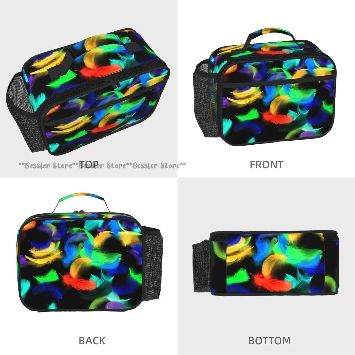 Reusable Handheld Thermal Bento Bag Multi-colored Feathers Insulated Lunch Carrier for School Office Outdoor Use